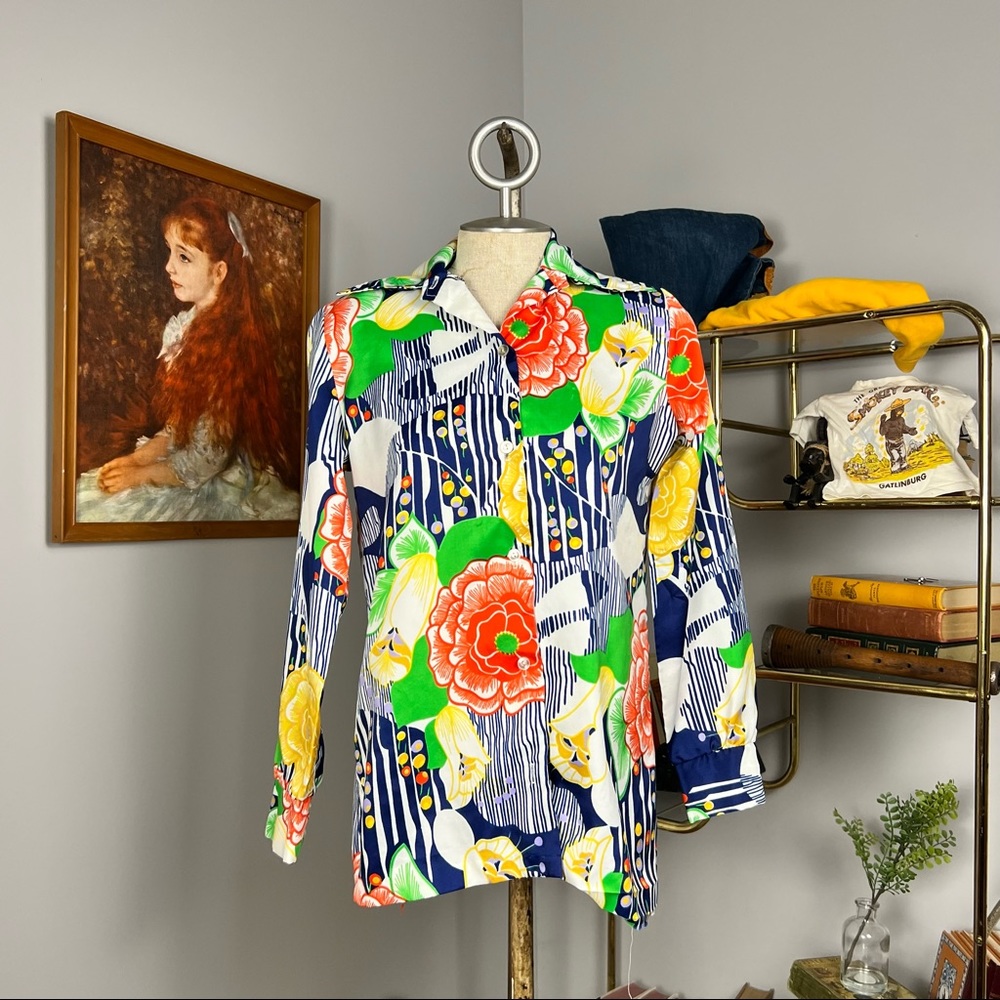 70s Floral and Striped Vintage Blouse